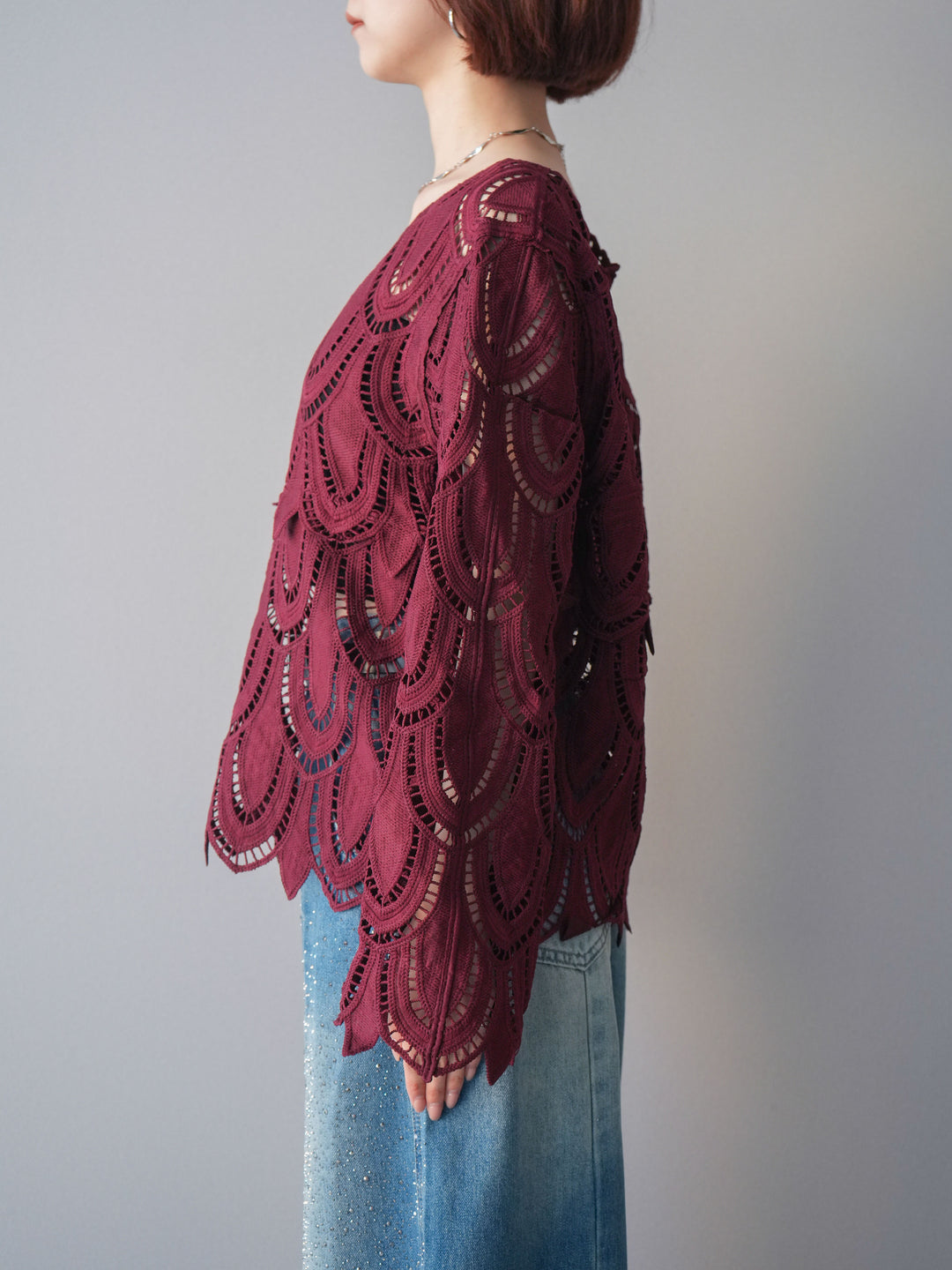 [予約]透かしコードレースブラウス/bordeaux