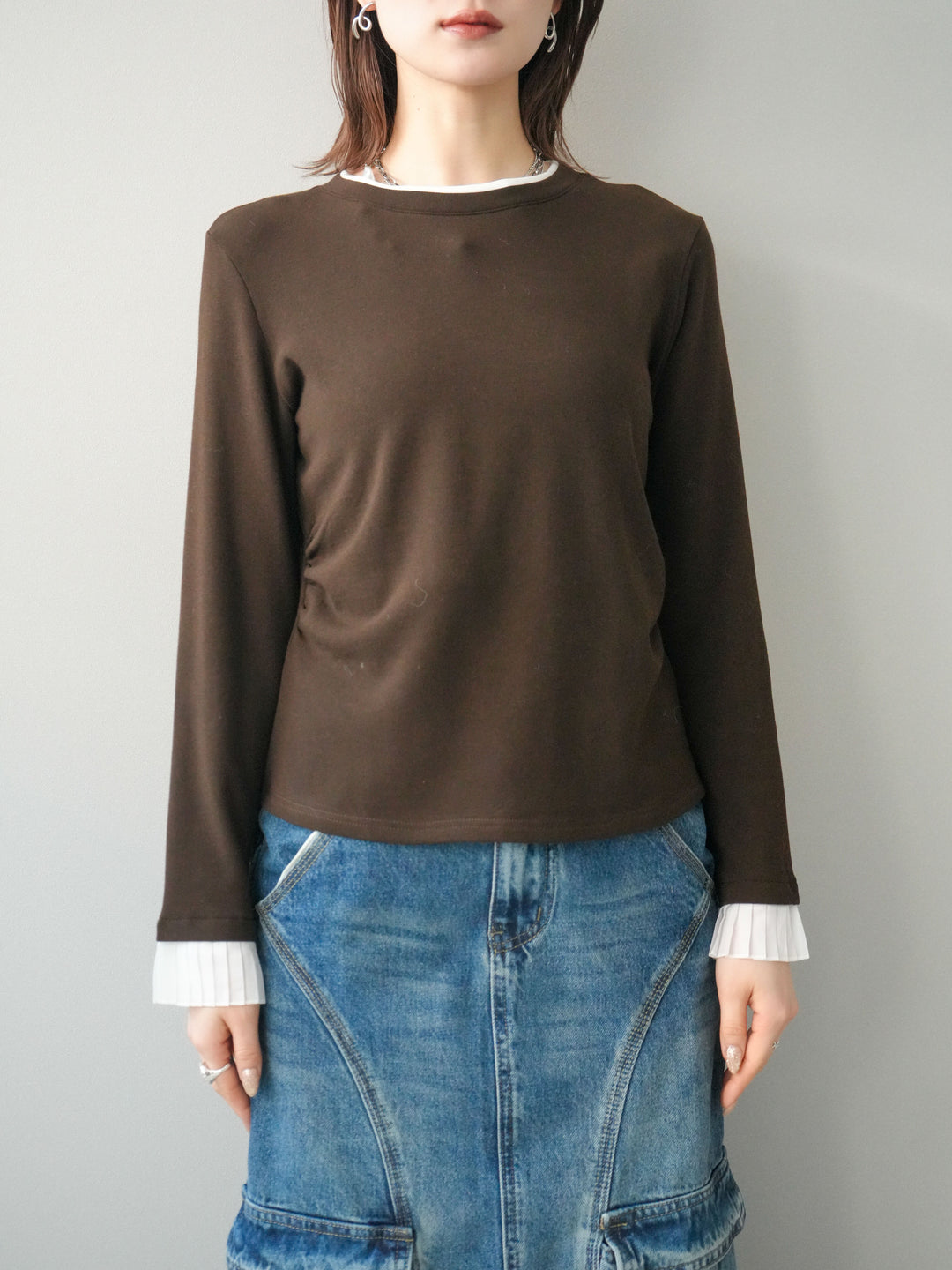 [予約]袖プリーツ配色レイヤードトップス/brown