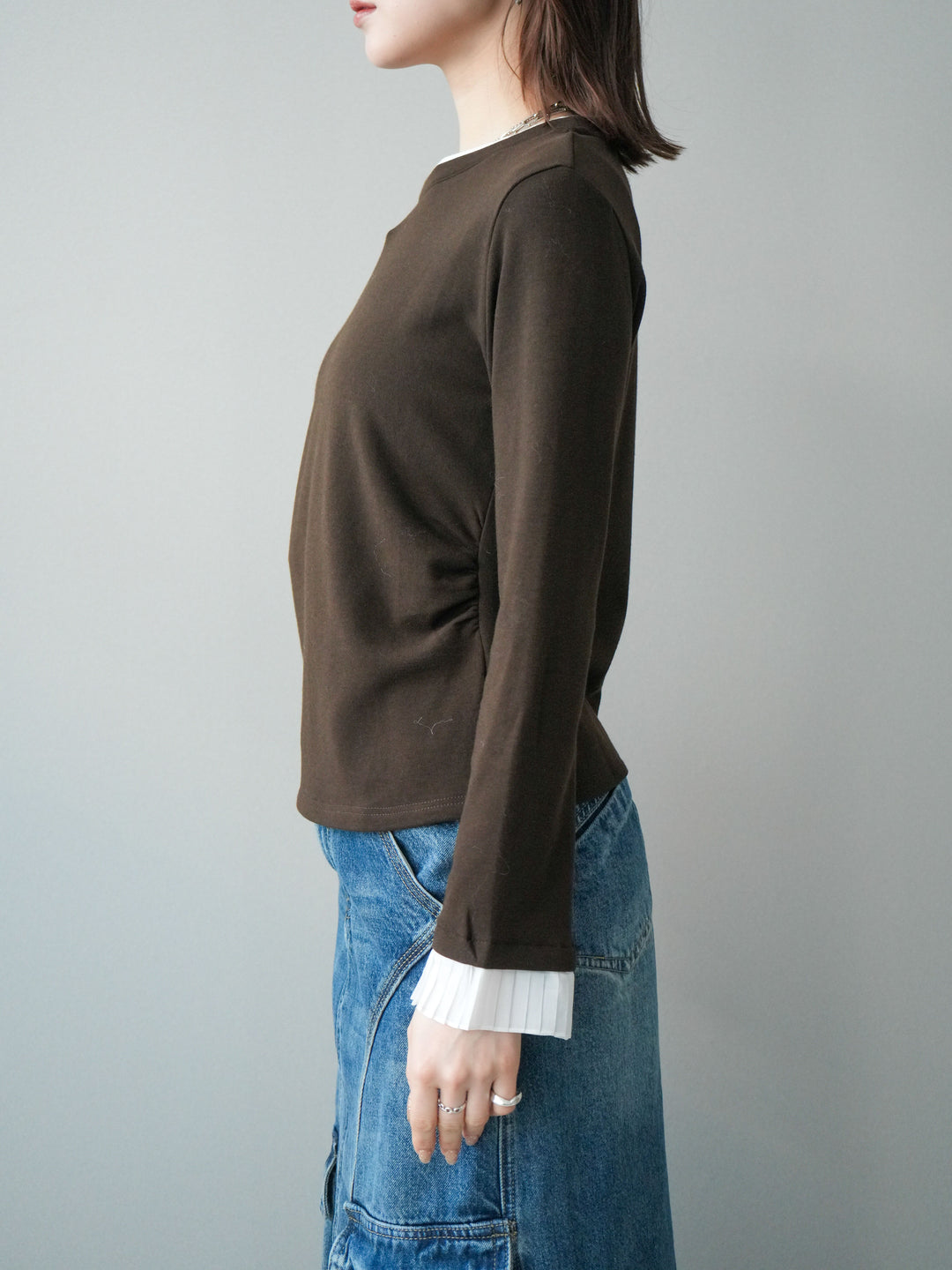 [予約]袖プリーツ配色レイヤードトップス/brown