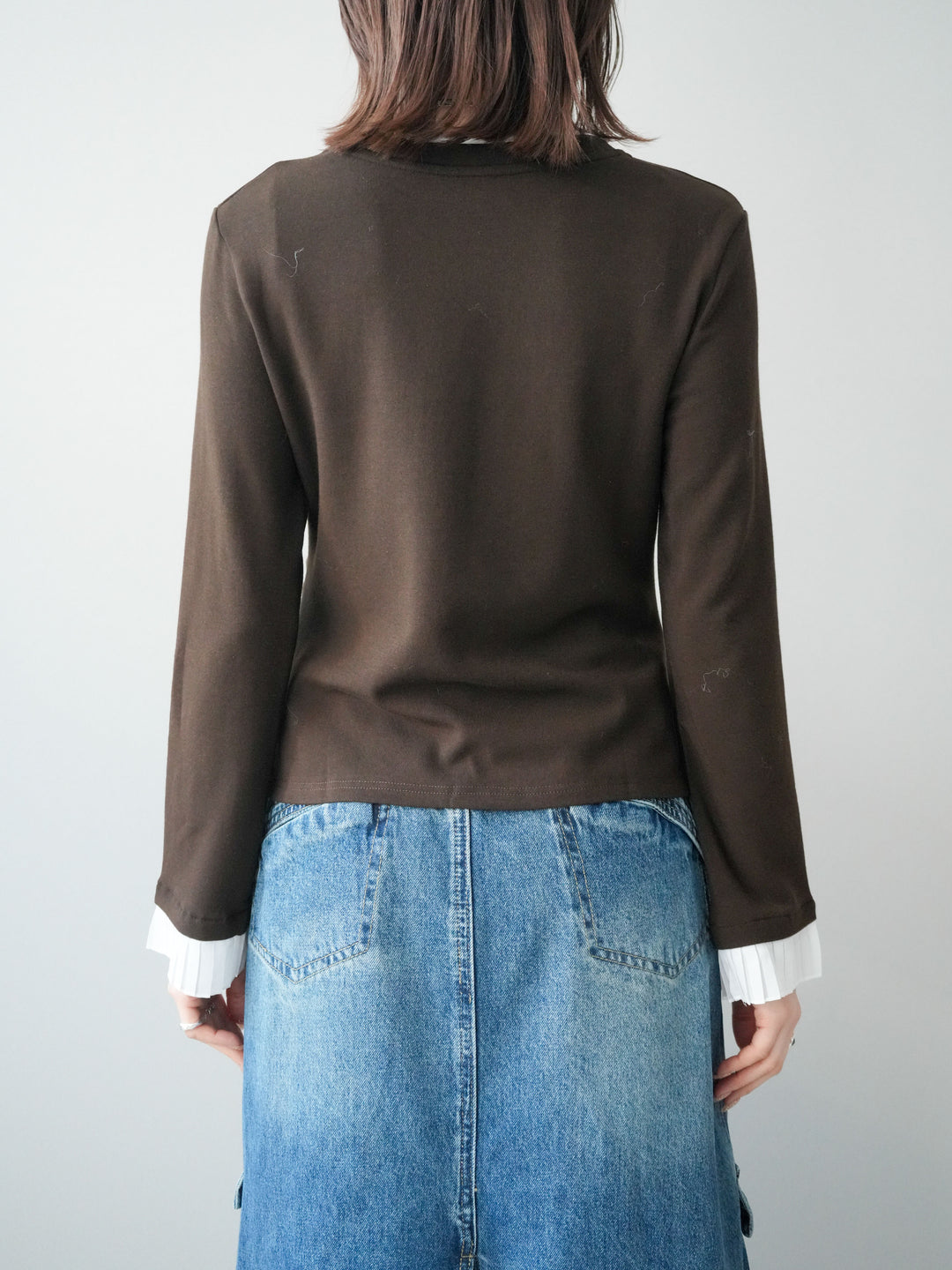 [予約]袖プリーツ配色レイヤードトップス/brown