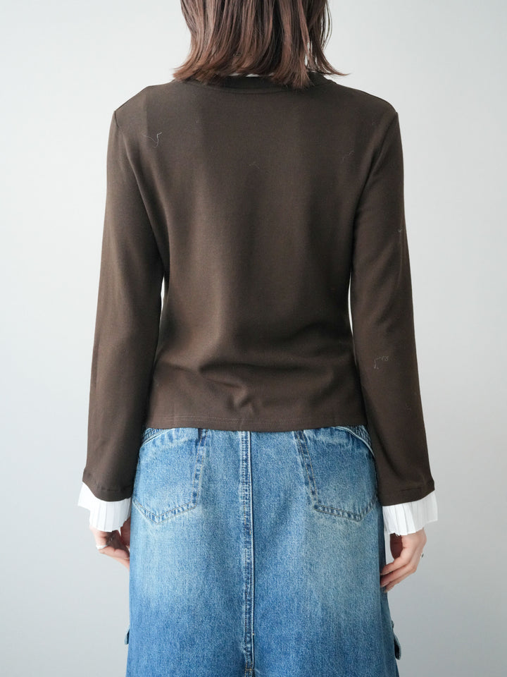 [予約]袖プリーツ配色レイヤードトップス/brown