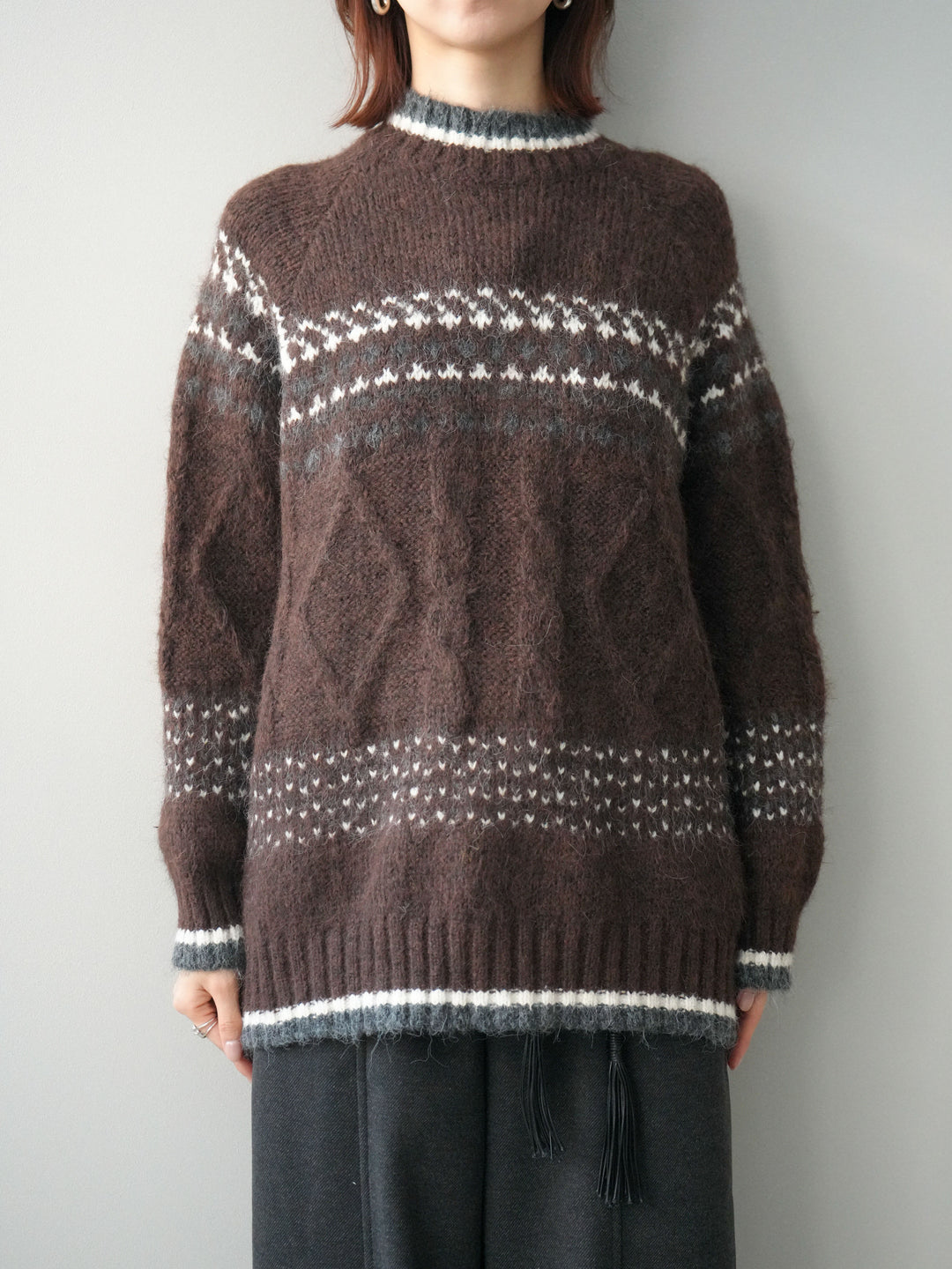 [予約]裾配色ノルディック柄ニットプルオーバー/brown