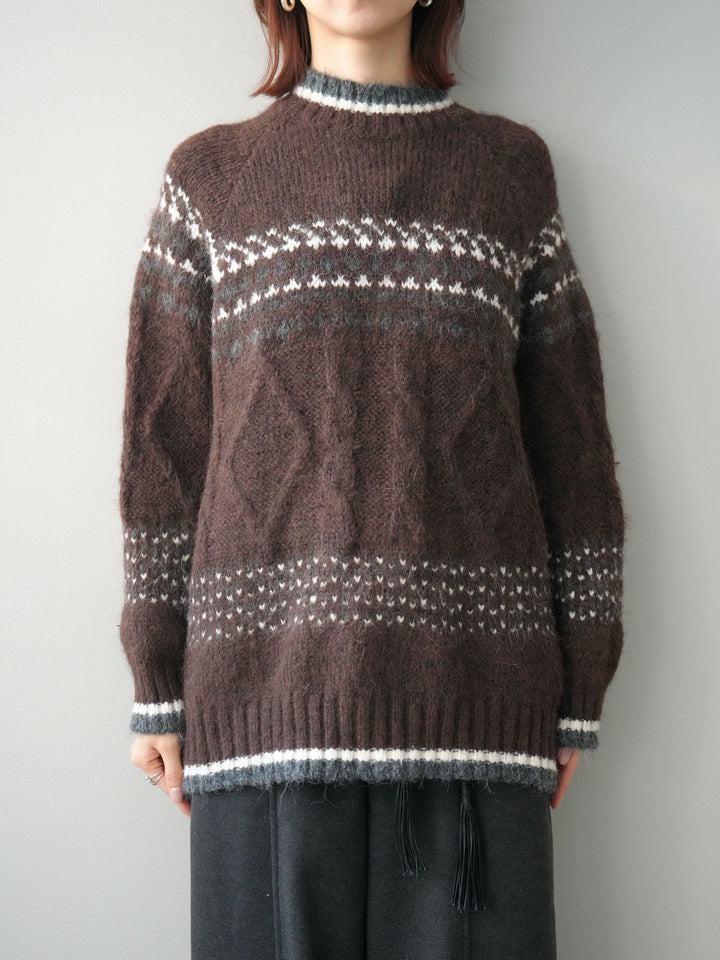 [予約]裾配色ノルディック柄ニットプルオーバー/brown