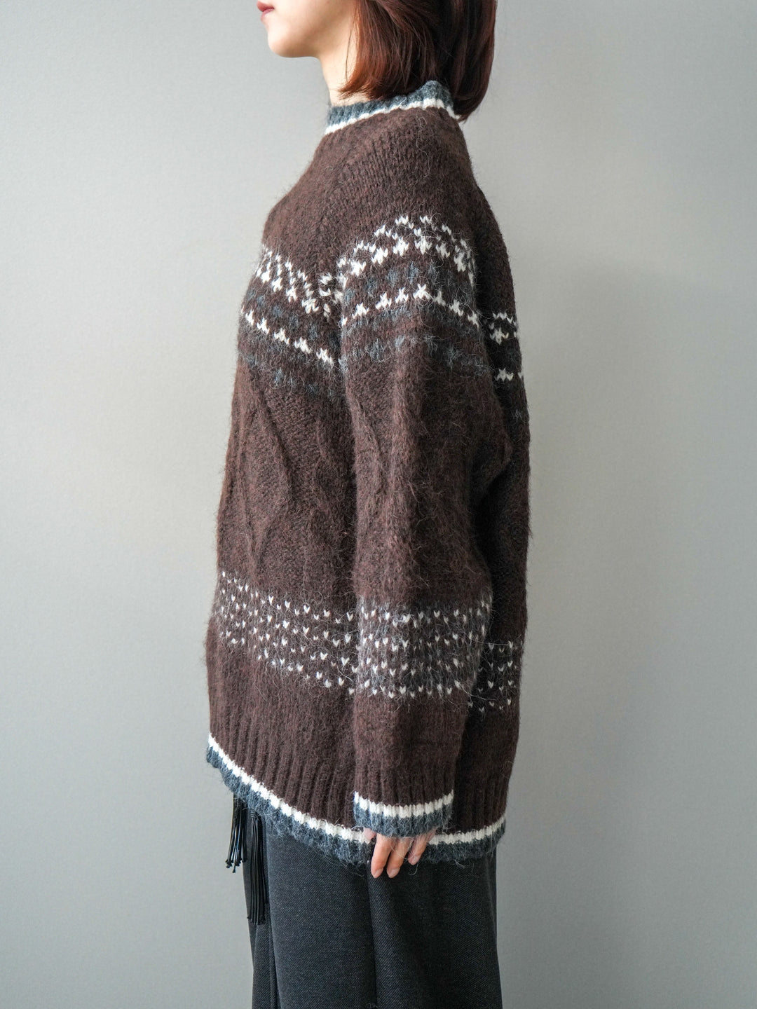 [予約]裾配色ノルディック柄ニットプルオーバー/brown