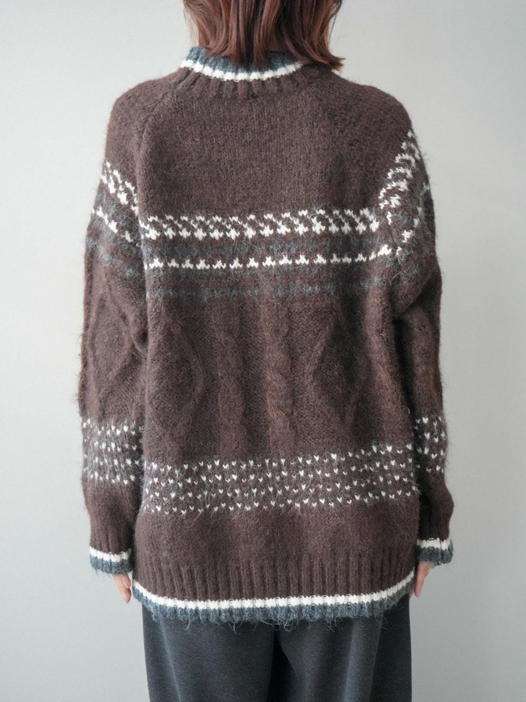 [予約]裾配色ノルディック柄ニットプルオーバー/brown