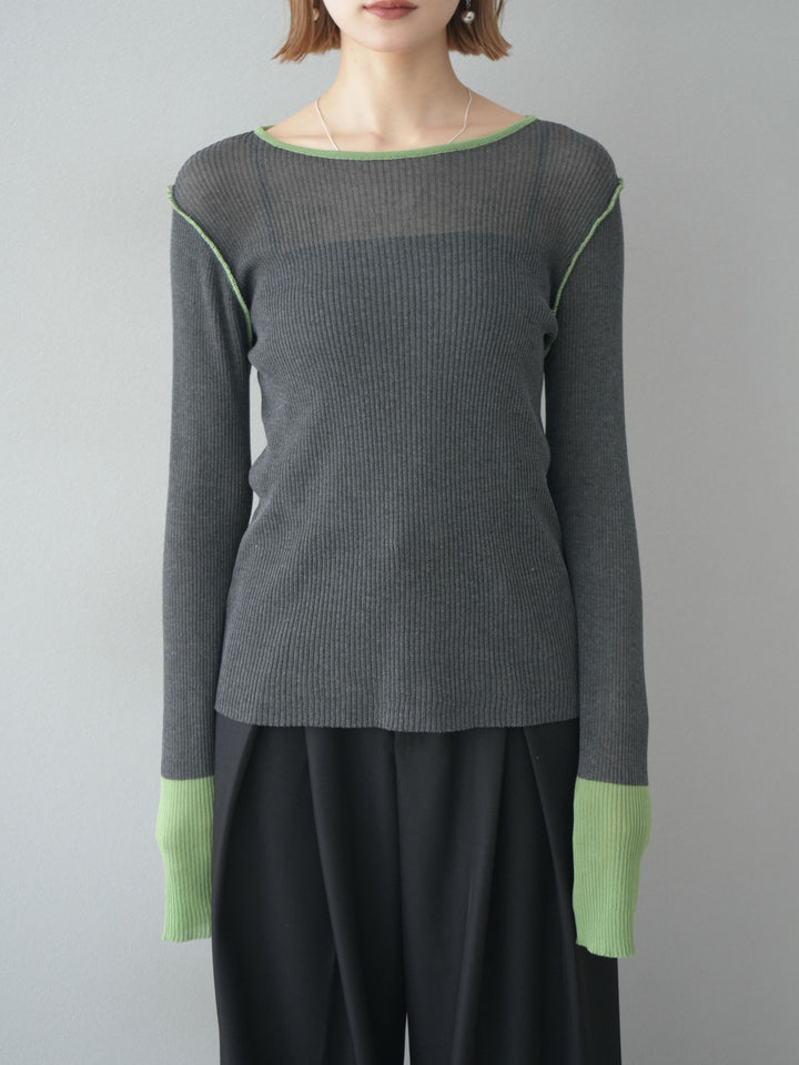 【預購】色彩協調的透明亞麻針織上衣/炭綠色