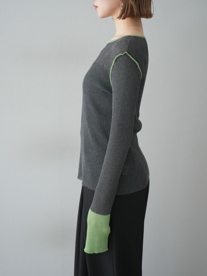 【預購】色彩協調的透明亞麻針織上衣/炭綠色