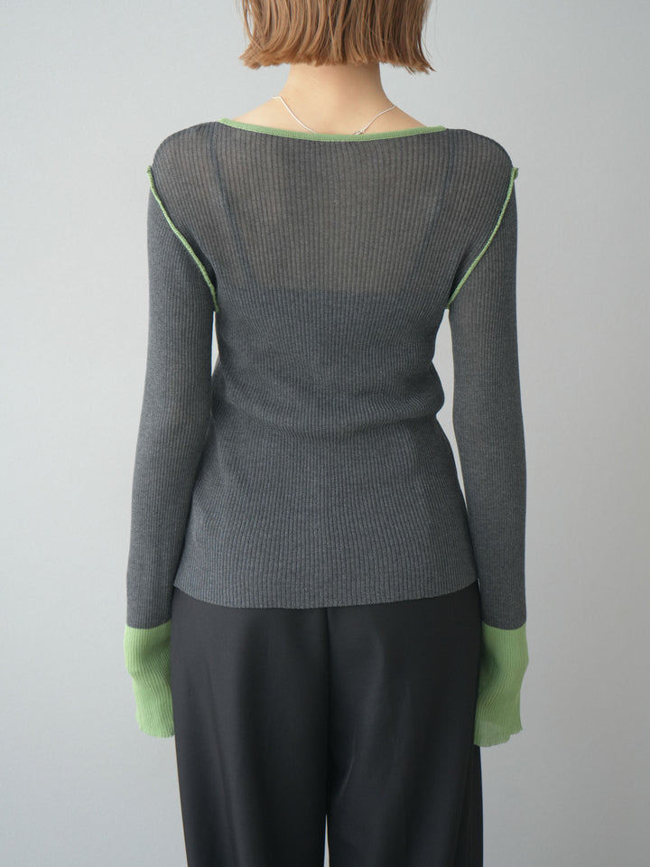 【預購】色彩協調的透明亞麻針織上衣/炭綠色
