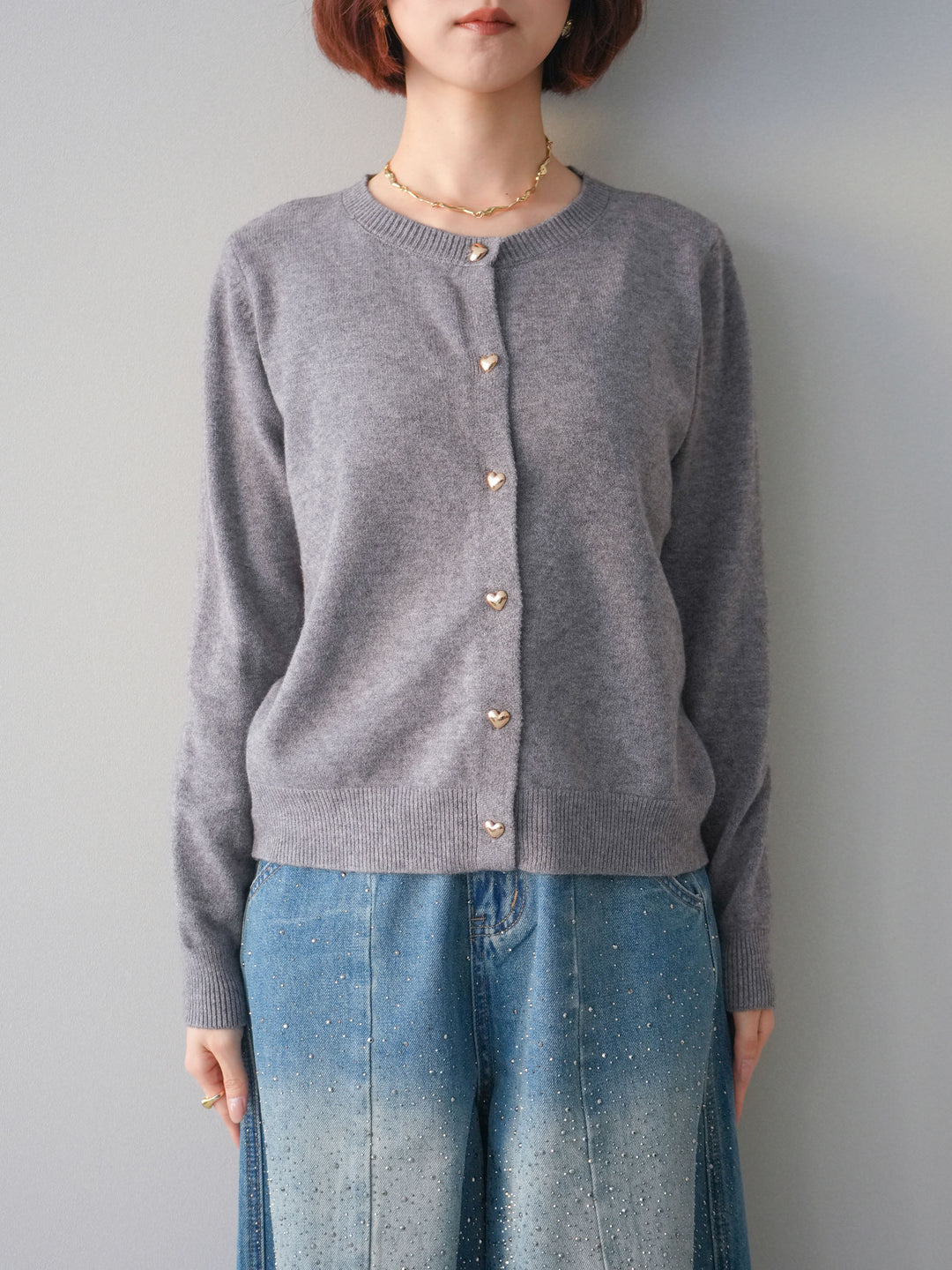 [予約]ハートボタンニットカーディガン/gray