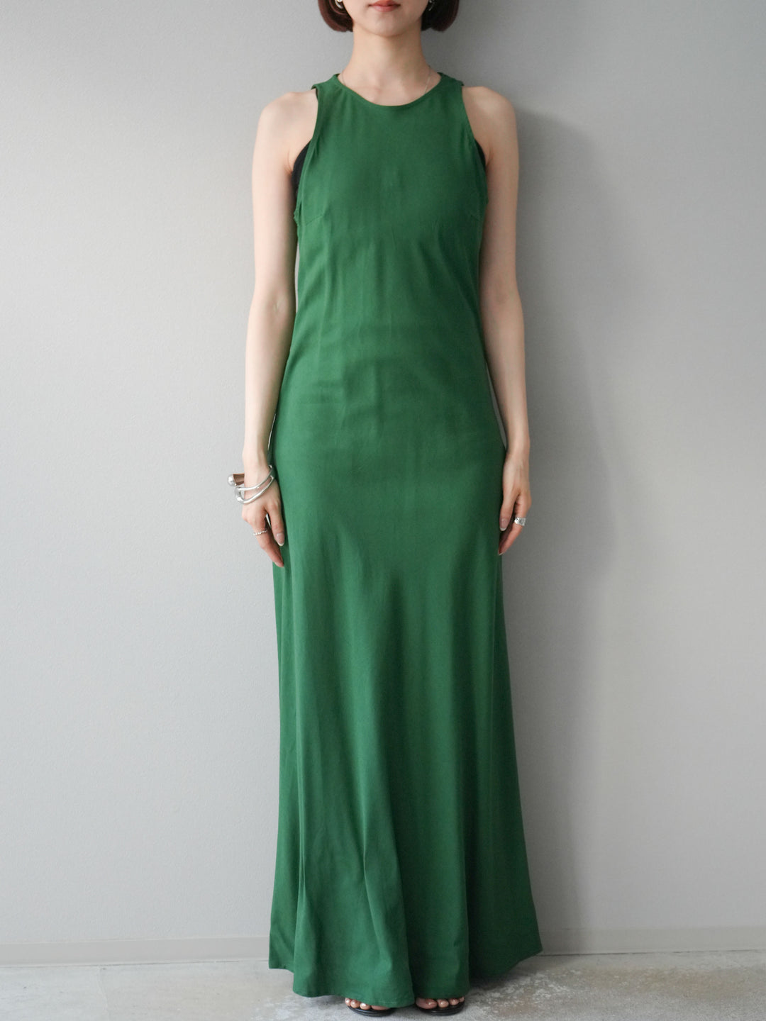 [予約]リネンタッチノースリーブワンピース/グリーン
