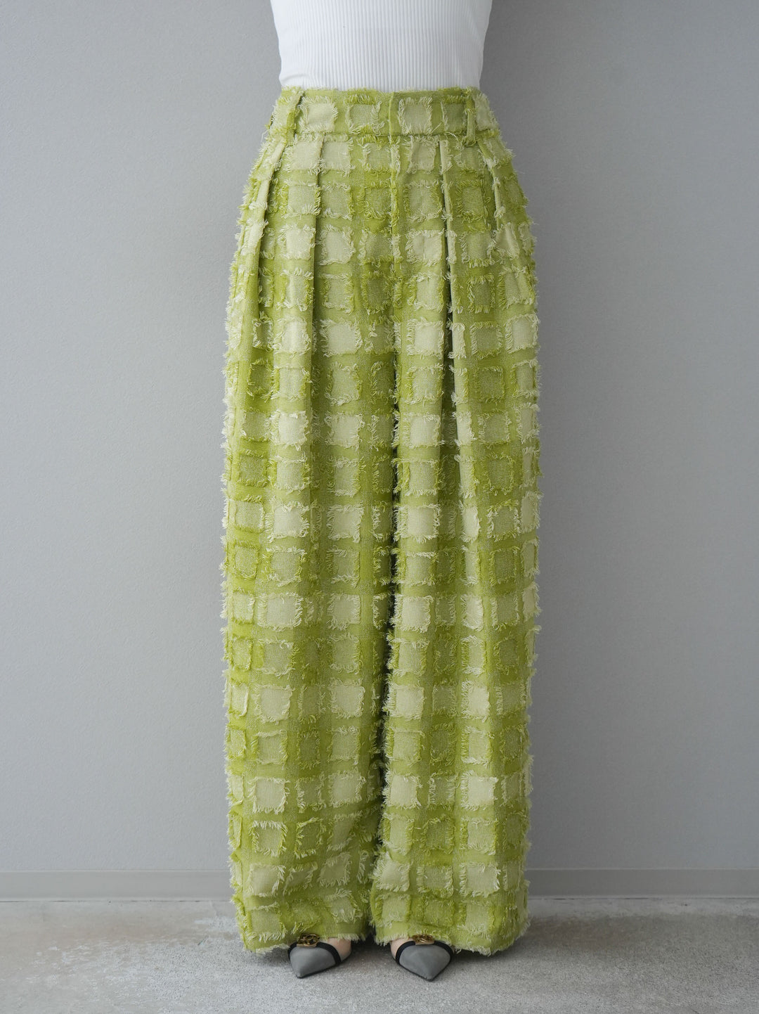 [預訂] 流蘇格紋提花長褲/綠