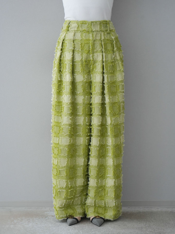 [預訂] 流蘇格紋提花長褲/綠