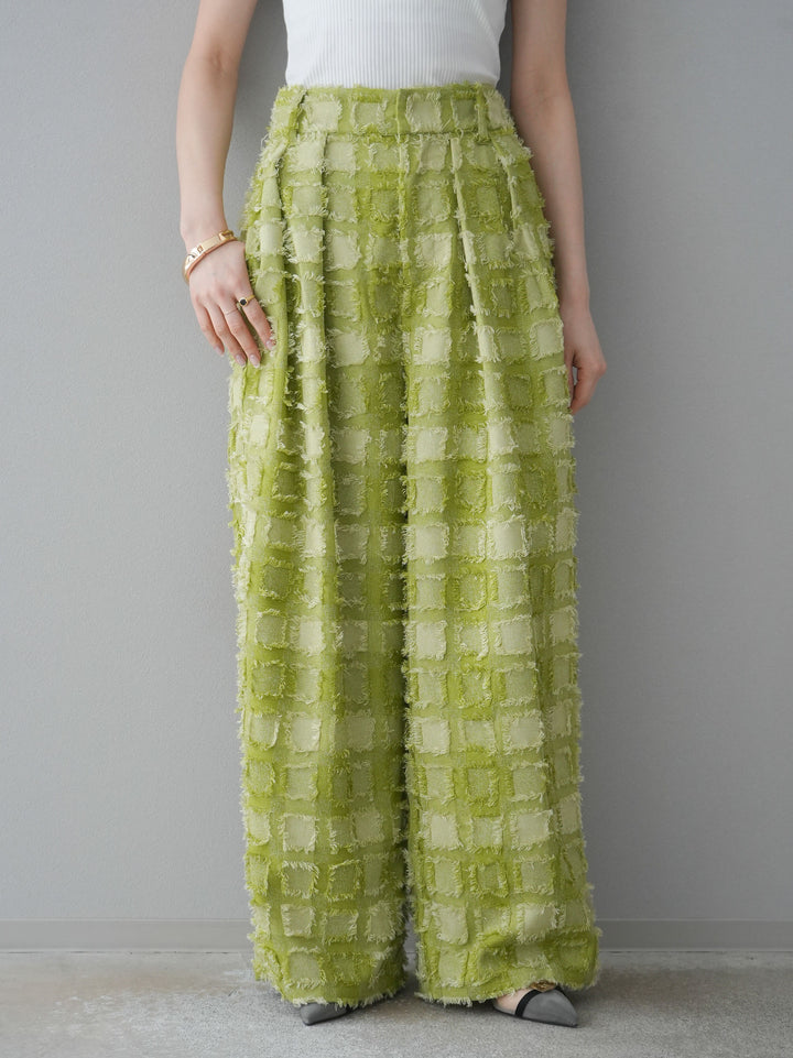 [預訂] 流蘇格紋提花長褲/綠