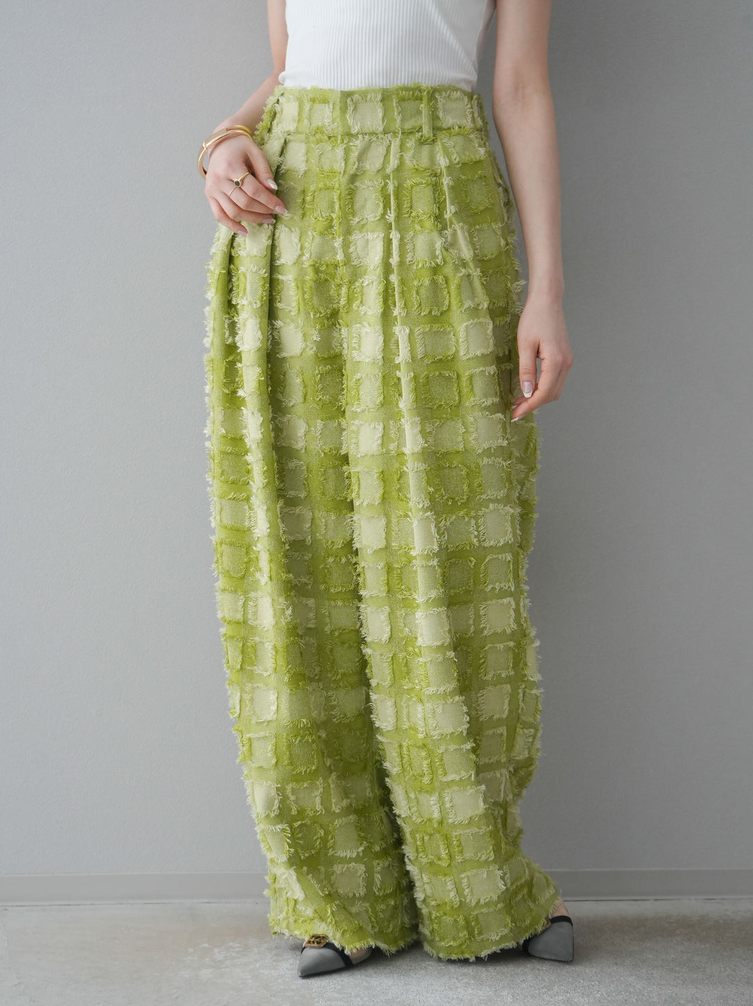 [預訂] 流蘇格紋提花長褲/綠