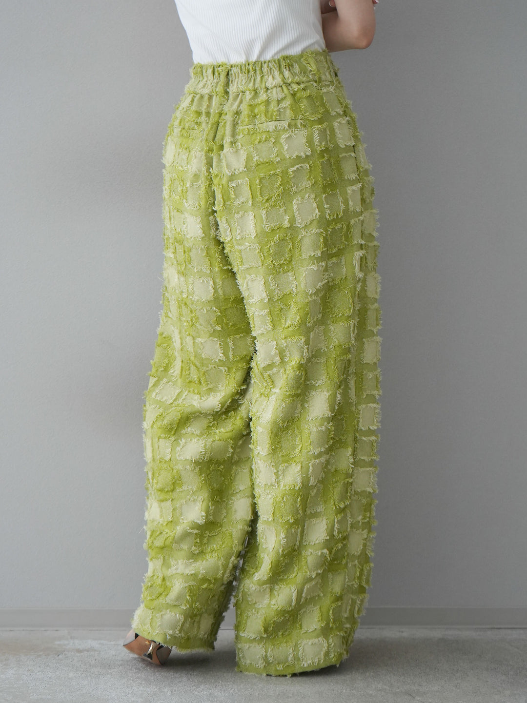 [預訂] 流蘇格紋提花長褲/綠