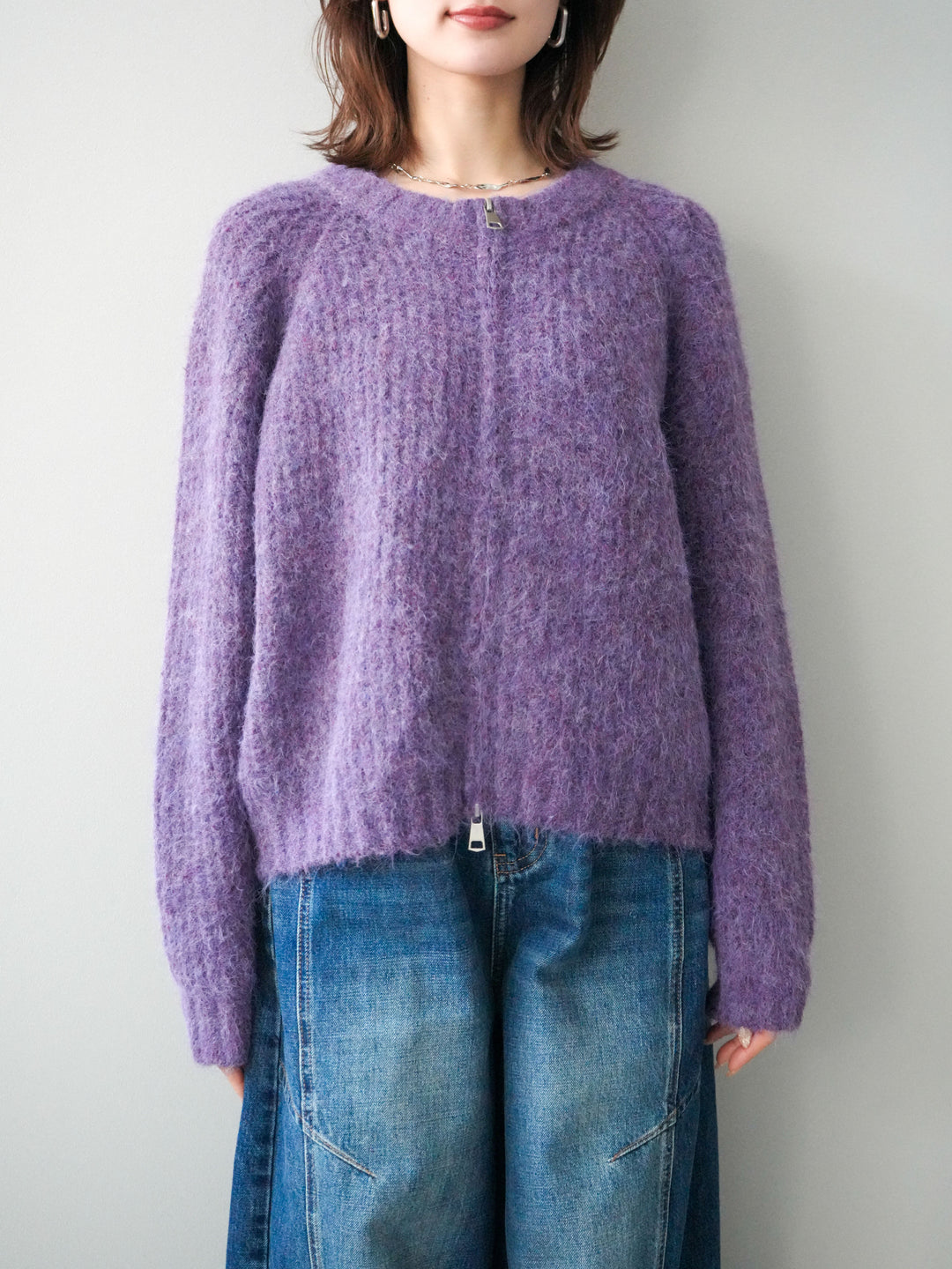 [予約]MIXヤーンモヘアタッチZIPニットカーディガン/purple