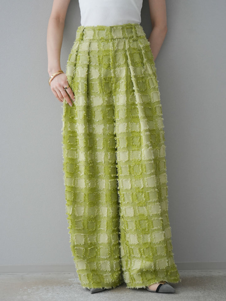 [預訂] 流蘇格紋提花長褲/綠