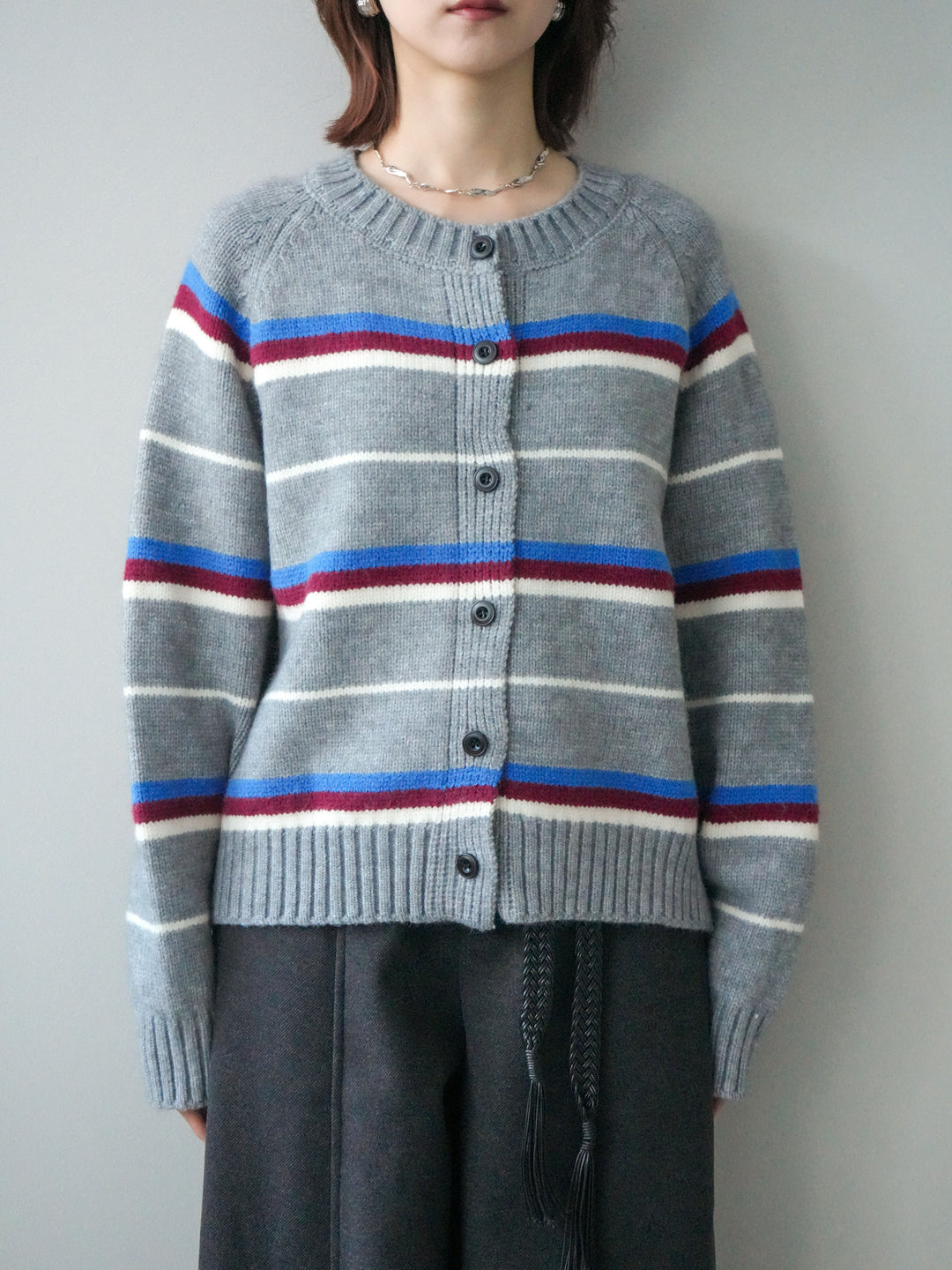 [予約]ランダムボーダーニットカーディガン/gray