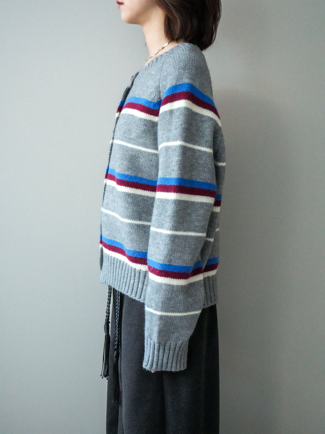 [予約]ランダムボーダーニットカーディガン/gray