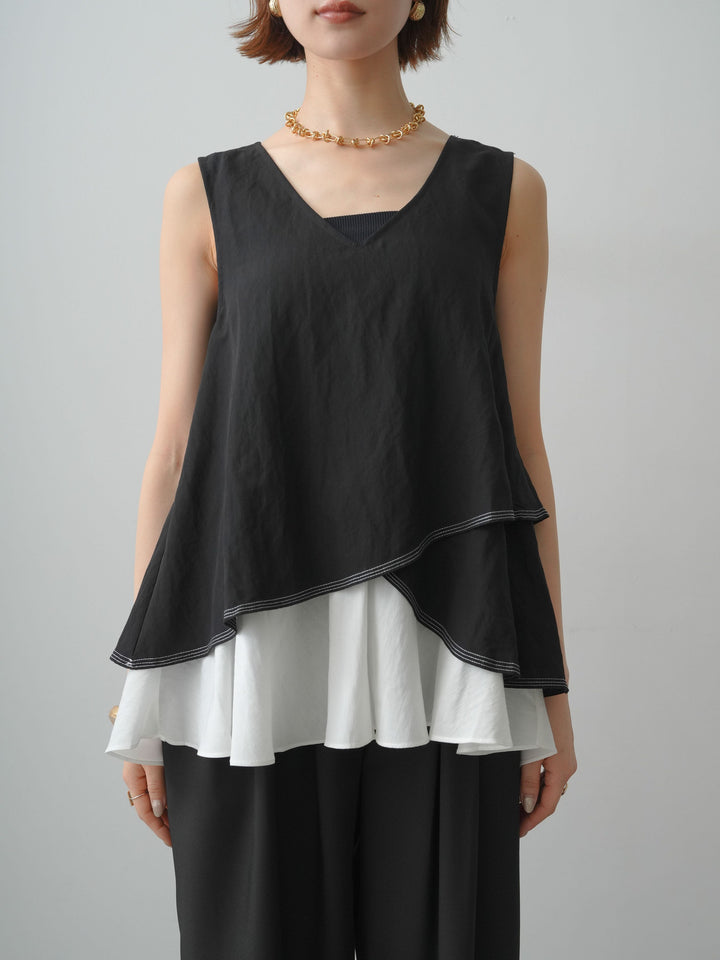 [予約]アシメフリルドッキングステッチノースリブラウス/black