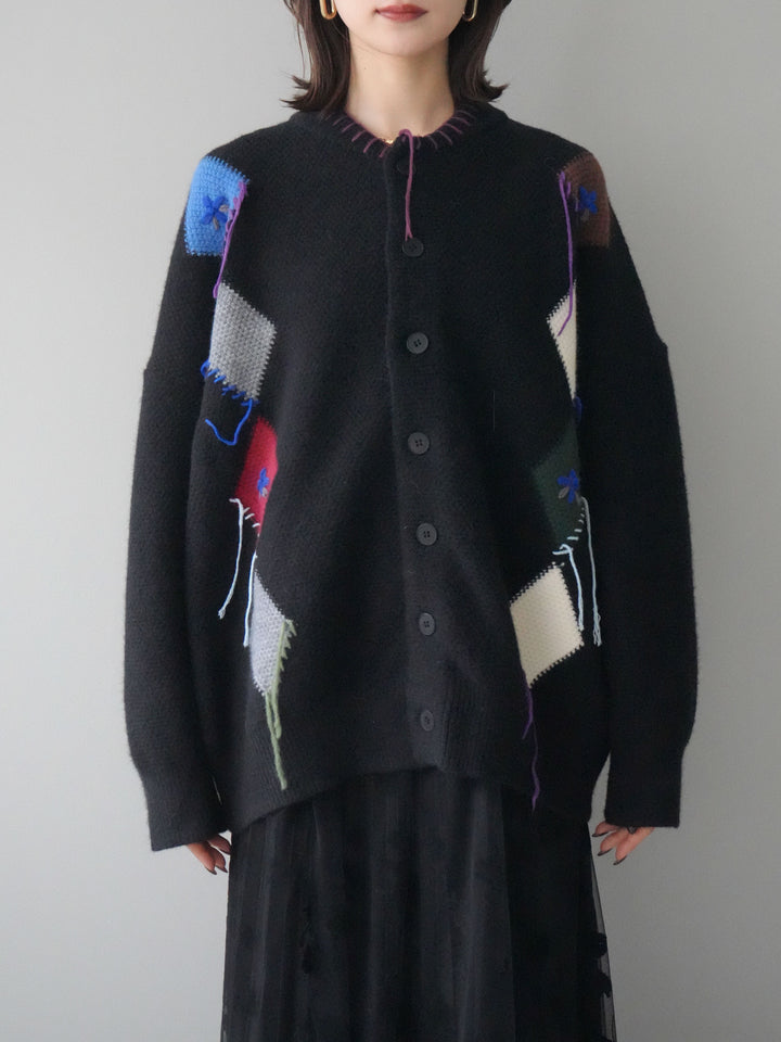 [予約]ハンドステッチアーガイルデザインニットカーディガン/black