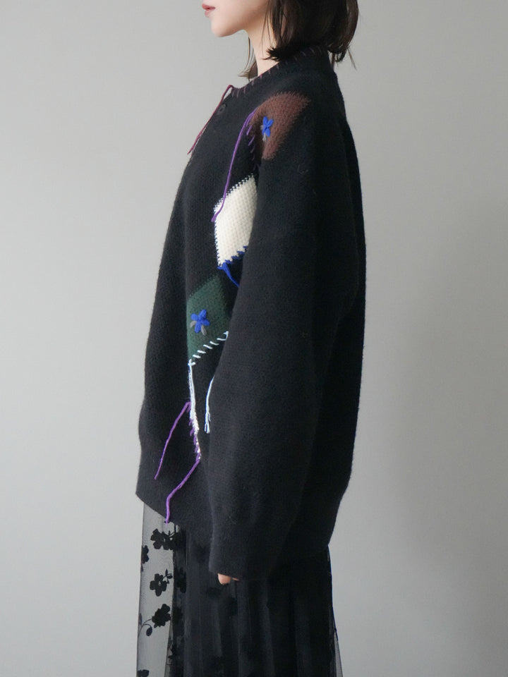 [予約]ハンドステッチアーガイルデザインニットカーディガン/black
