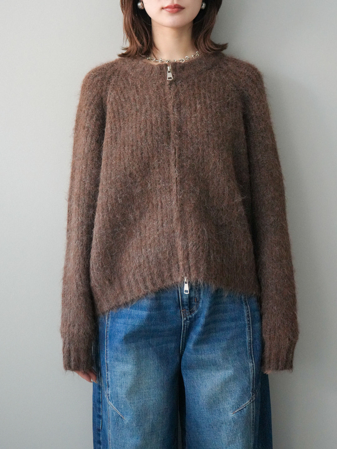 [予約]MIXヤーンモヘアタッチZIPニットカーディガン/brown