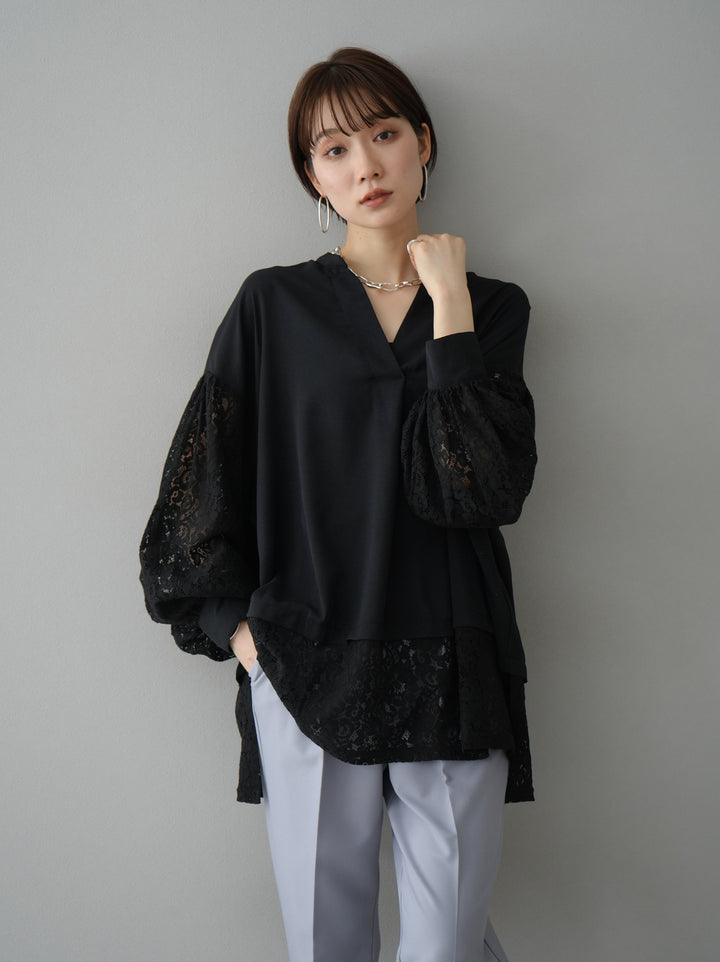 [Pre-order] Lace-switched skipper blouse/black
