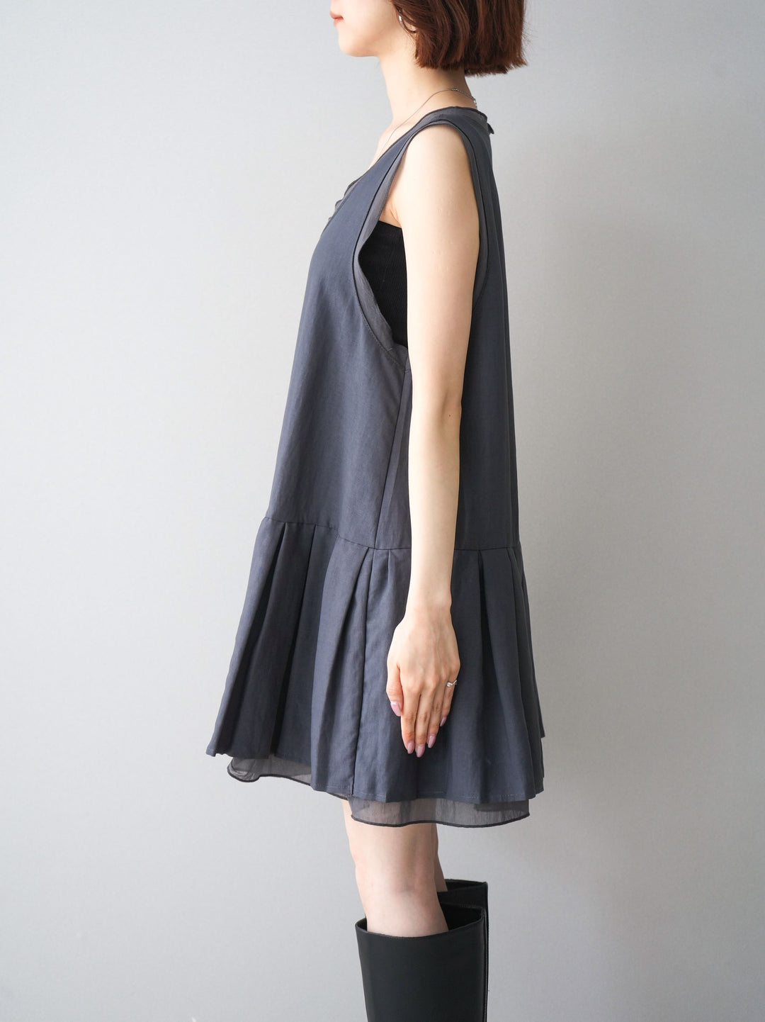 [予約]チュールドッキング裾プリーツミニワンピース/charcoal