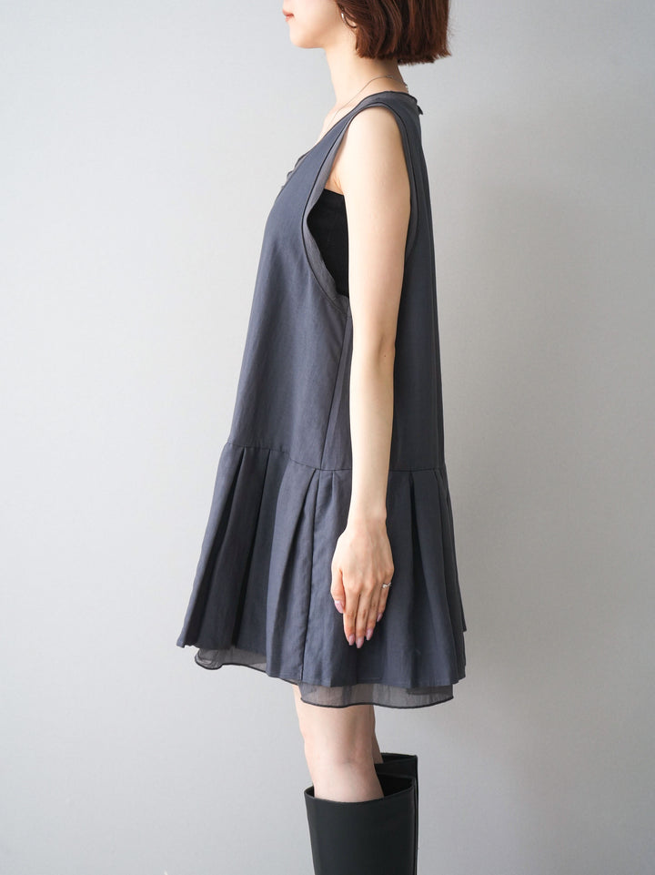 [予約]チュールドッキング裾プリーツミニワンピース/charcoal