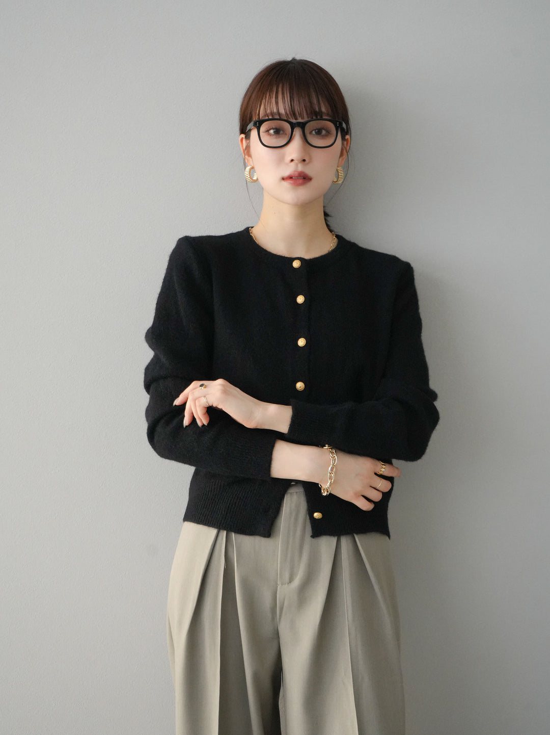 【預購】金鈕扣密織針織開襟衫/黑