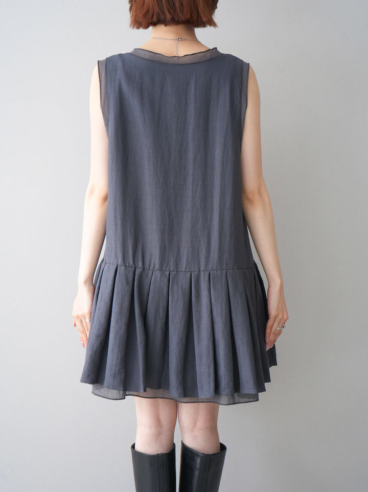 [予約]チュールドッキング裾プリーツミニワンピース/charcoal