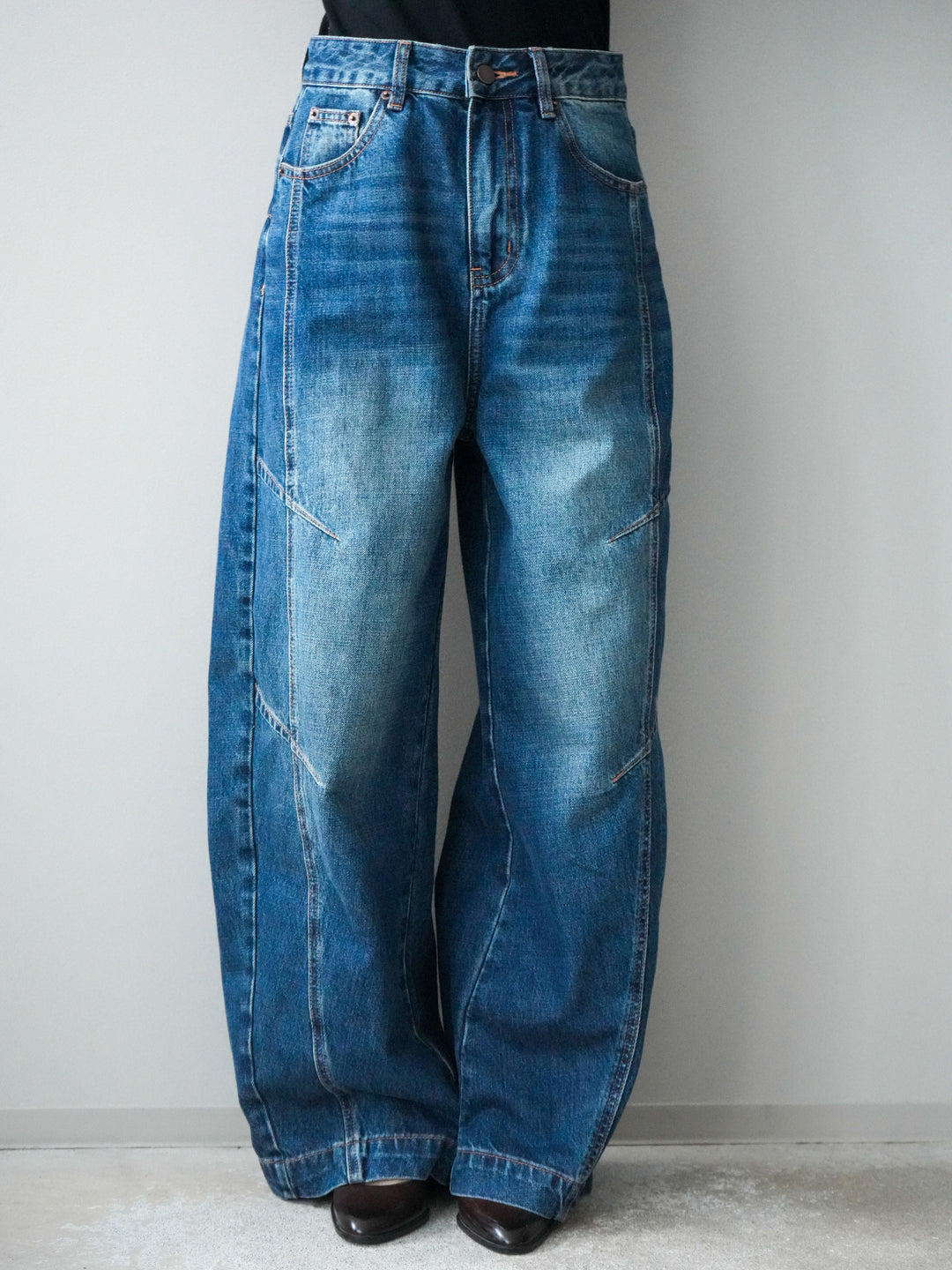 [予約]デザインステッチカーブデニムパンツ/navy