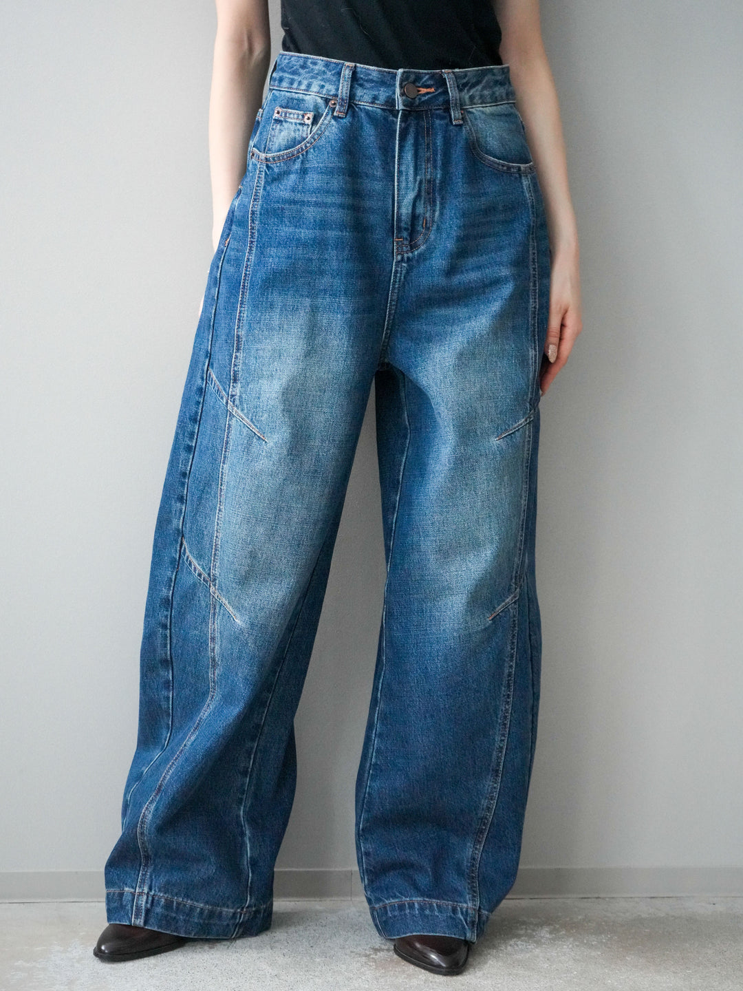 [予約]デザインステッチカーブデニムパンツ/navy