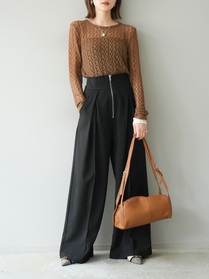 [予約]袖配色カットレーストップス/ブラウン