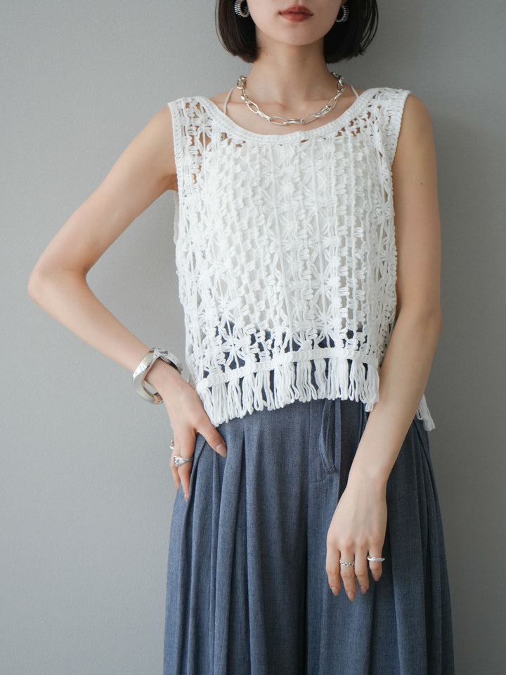 [予約]クロシェ編みフリンジタンクトップ/オフホワイト