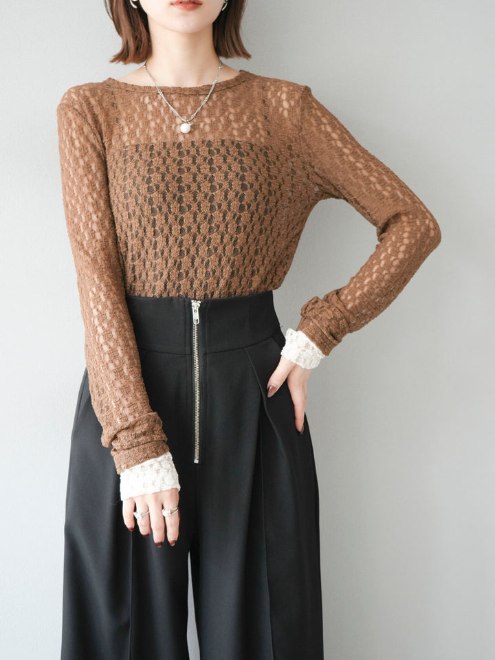 [予約]袖配色カットレーストップス/ブラウン