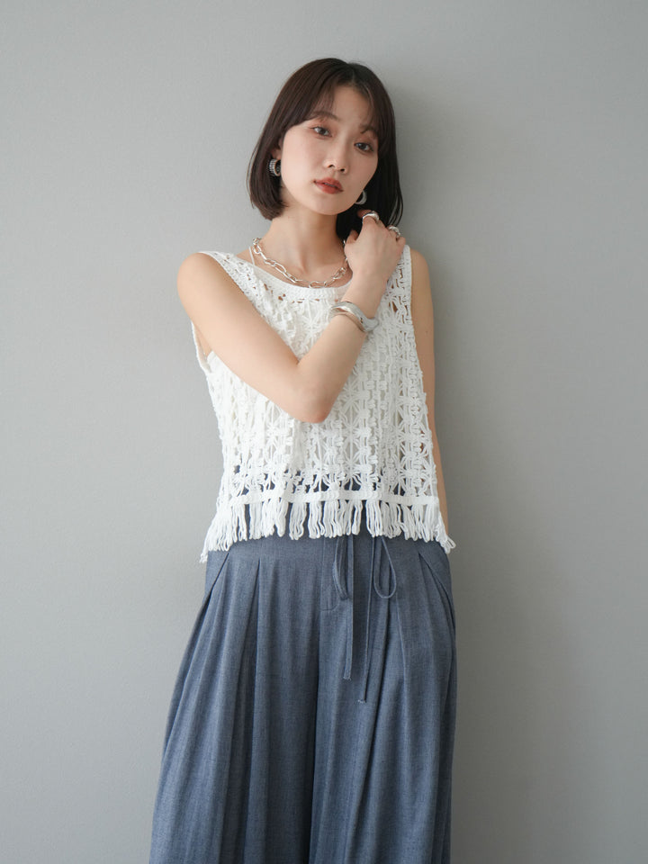 [予約]クロシェ編みフリンジタンクトップ/オフホワイト