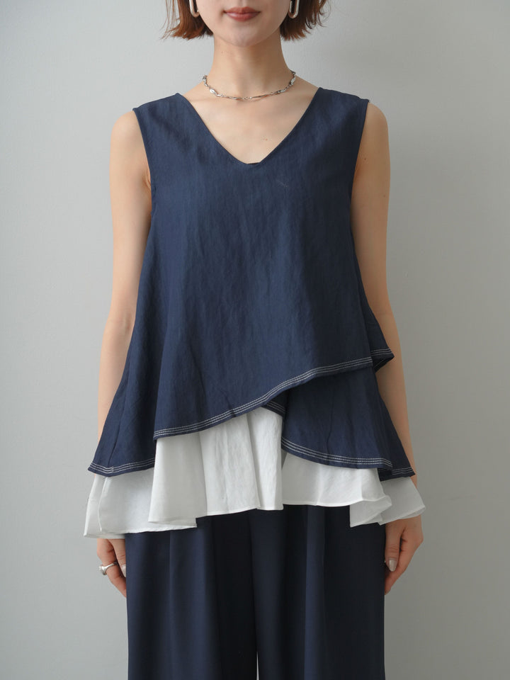 [予約]アシメフリルドッキングステッチノースリブラウス/navy