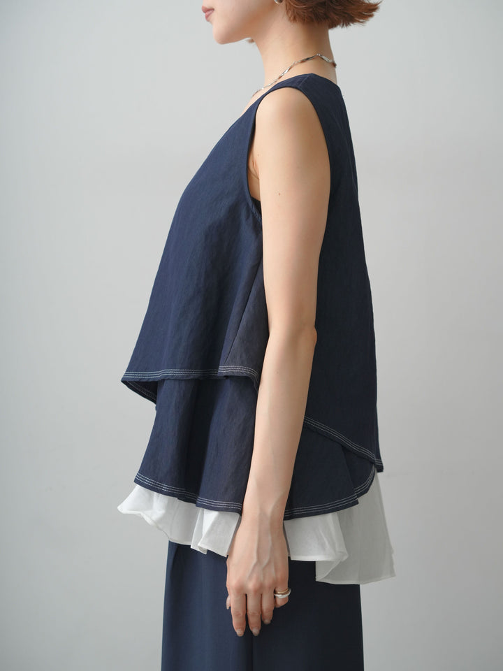 [予約]アシメフリルドッキングステッチノースリブラウス/navy