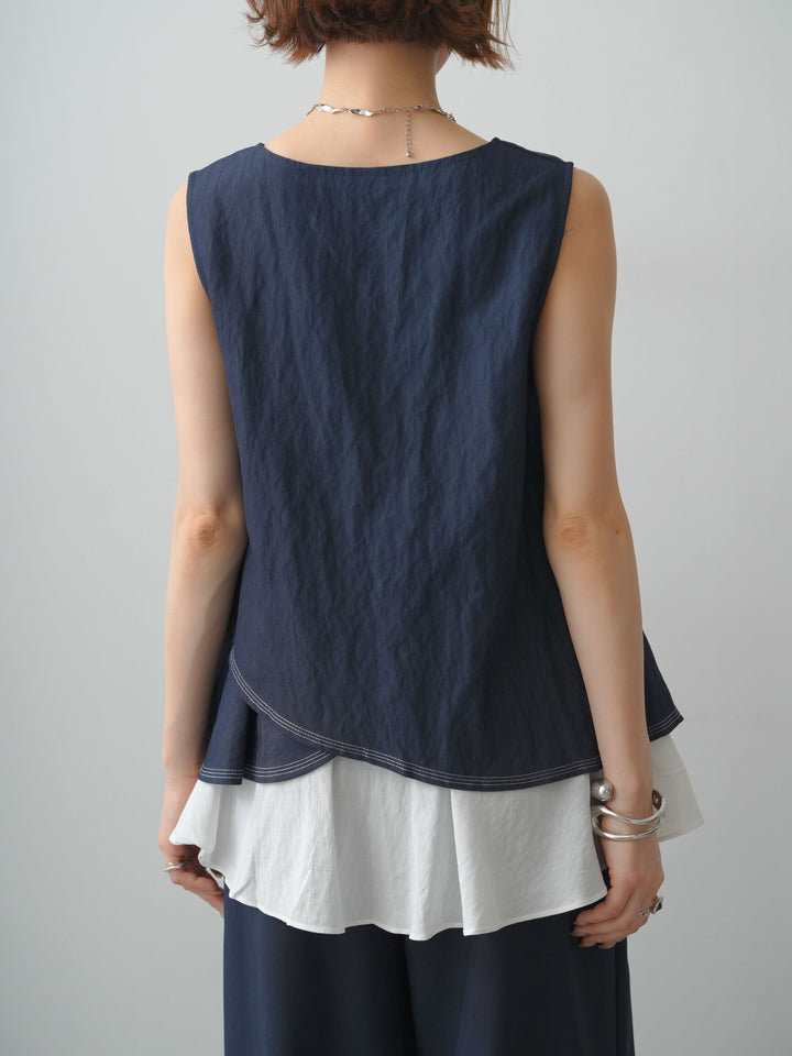 [予約]アシメフリルドッキングステッチノースリブラウス/navy