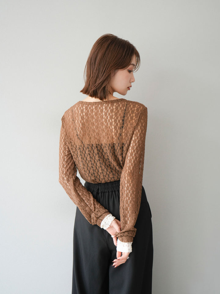 [予約]袖配色カットレーストップス/ブラウン