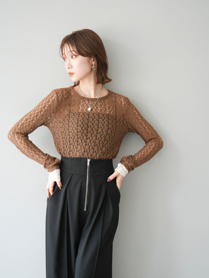 [予約]袖配色カットレーストップス/ブラウン