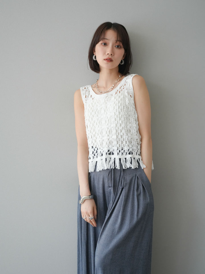 [予約]クロシェ編みフリンジタンクトップ/オフホワイト