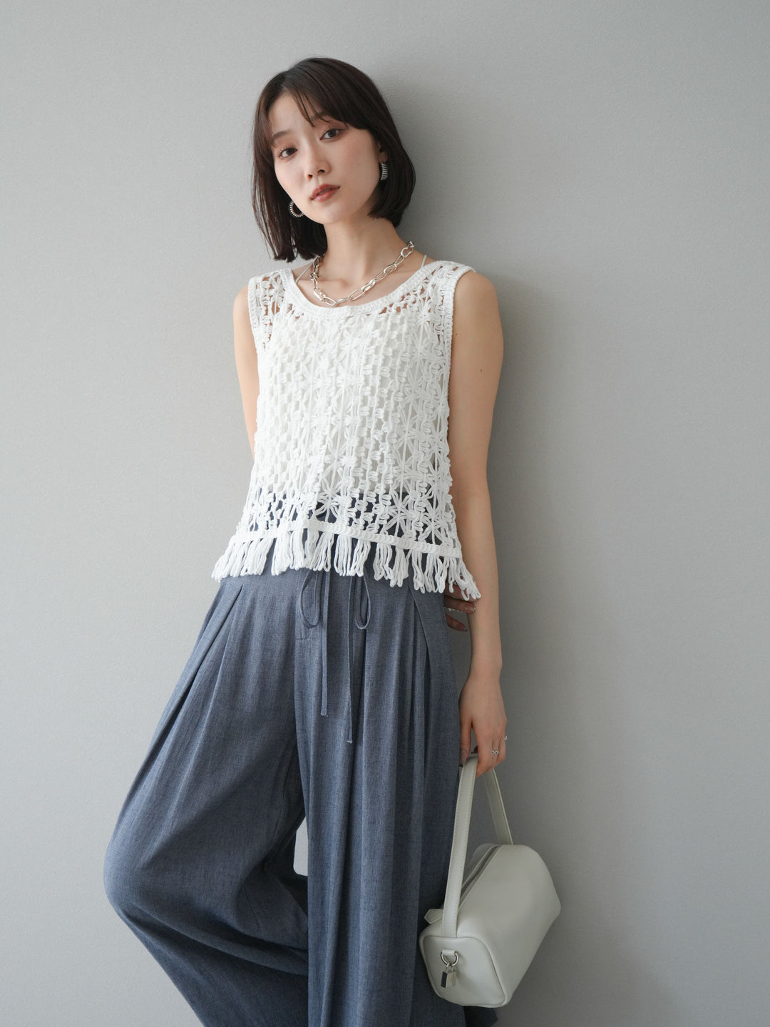 [予約]クロシェ編みフリンジタンクトップ/オフホワイト
