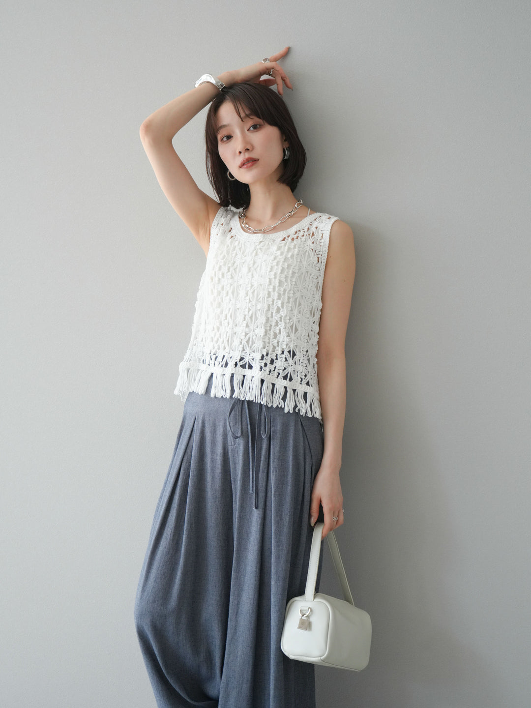 [予約]クロシェ編みフリンジタンクトップ/オフホワイト