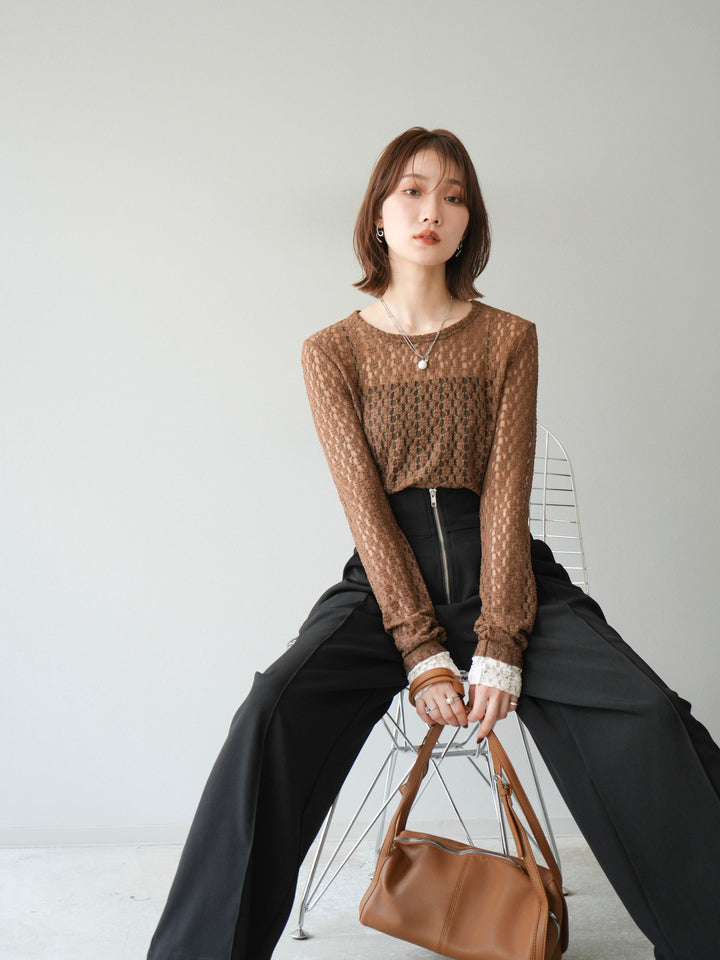 [予約]袖配色カットレーストップス/ブラウン