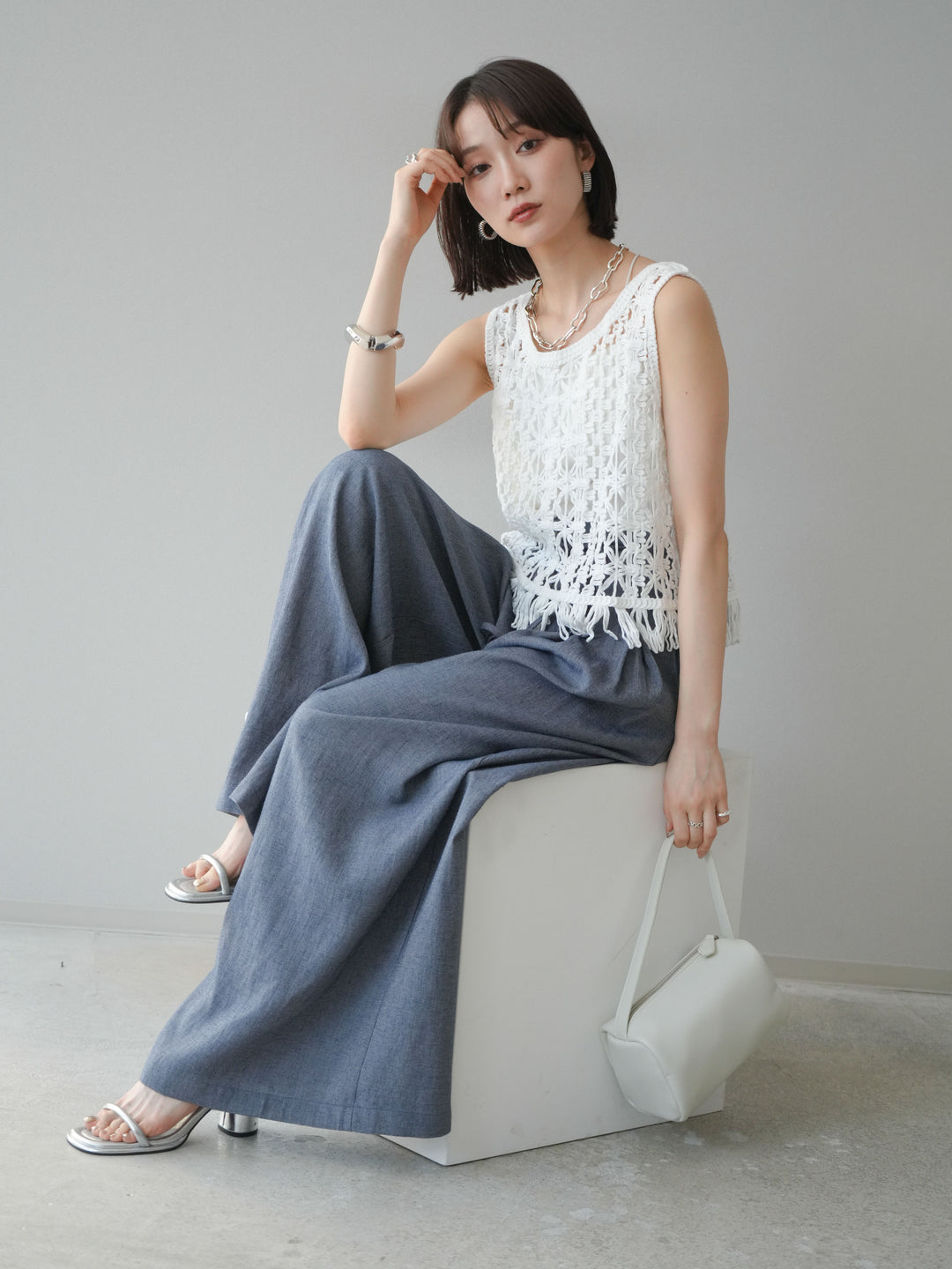 [予約]クロシェ編みフリンジタンクトップ/オフホワイト