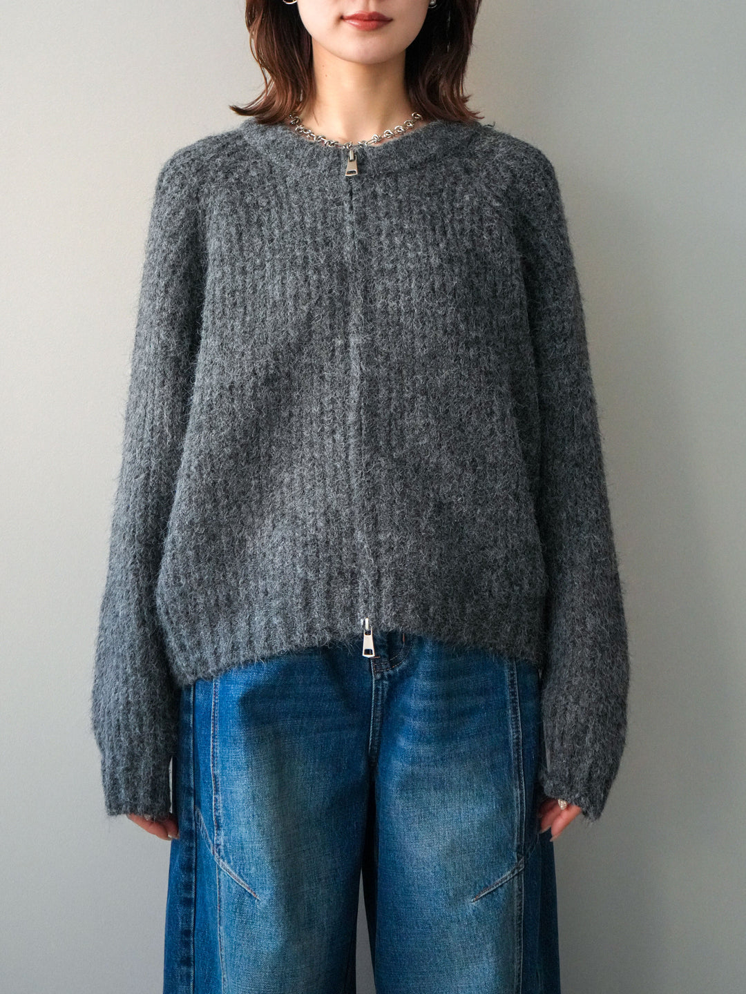 [予約]MIXヤーンモヘアタッチZIPニットカーディガン/gray