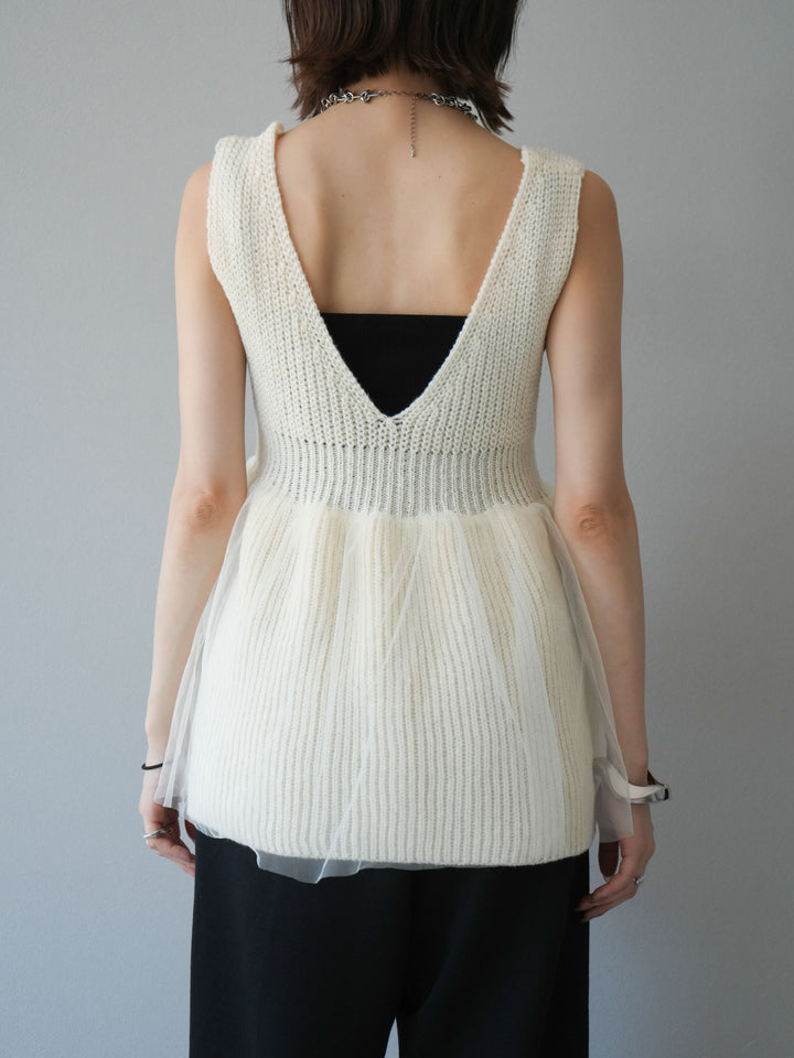 [予約]チュールレイヤードペプラムニットベスト/アイボリー